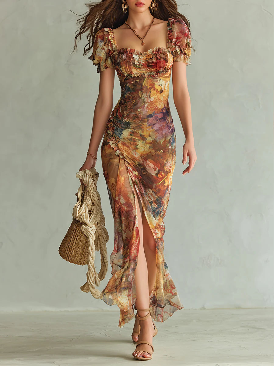 Viola - Flowing Orange Chiffon Dress with Bohemian-Inspired Oil Print