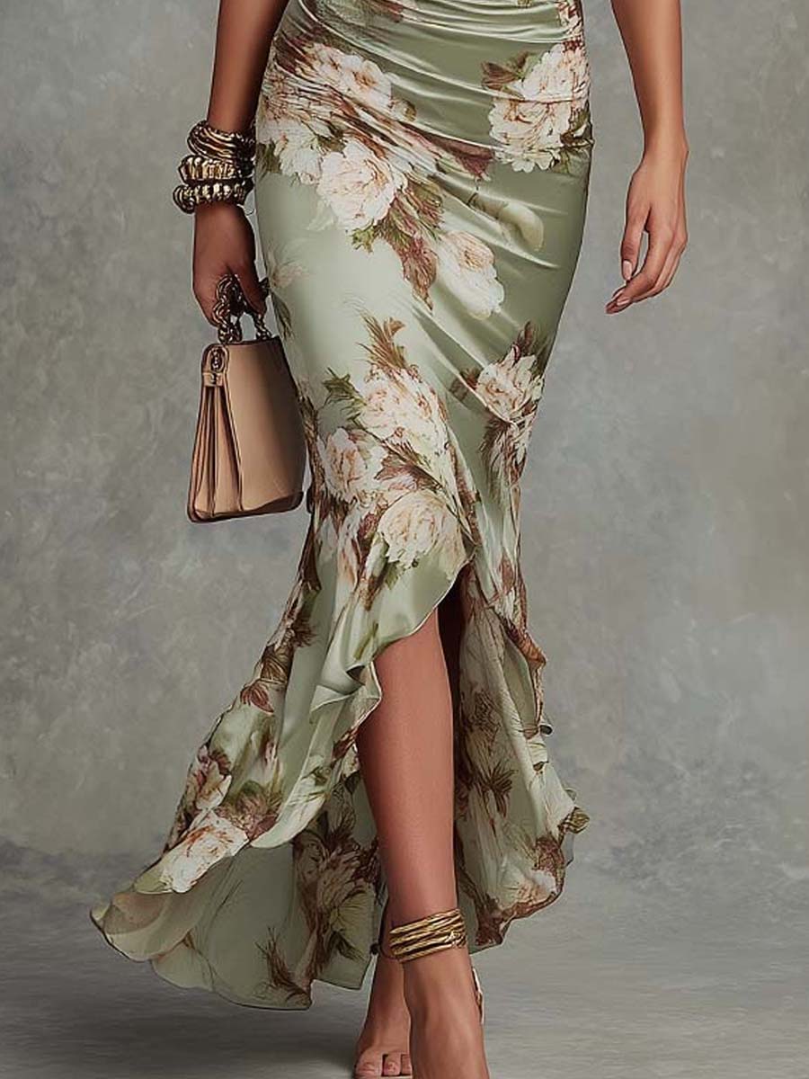 Anna - Green Asymmetrical Satin Dress with V-Neck, Ruched Bell Sleeves, and Floral Print