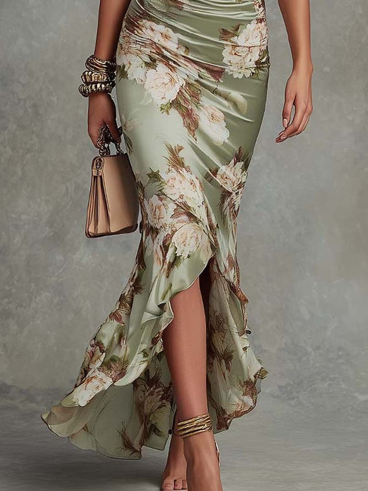Anna - Green Asymmetrical Satin Dress with V-Neck, Ruched Bell Sleeves, and Floral Print
