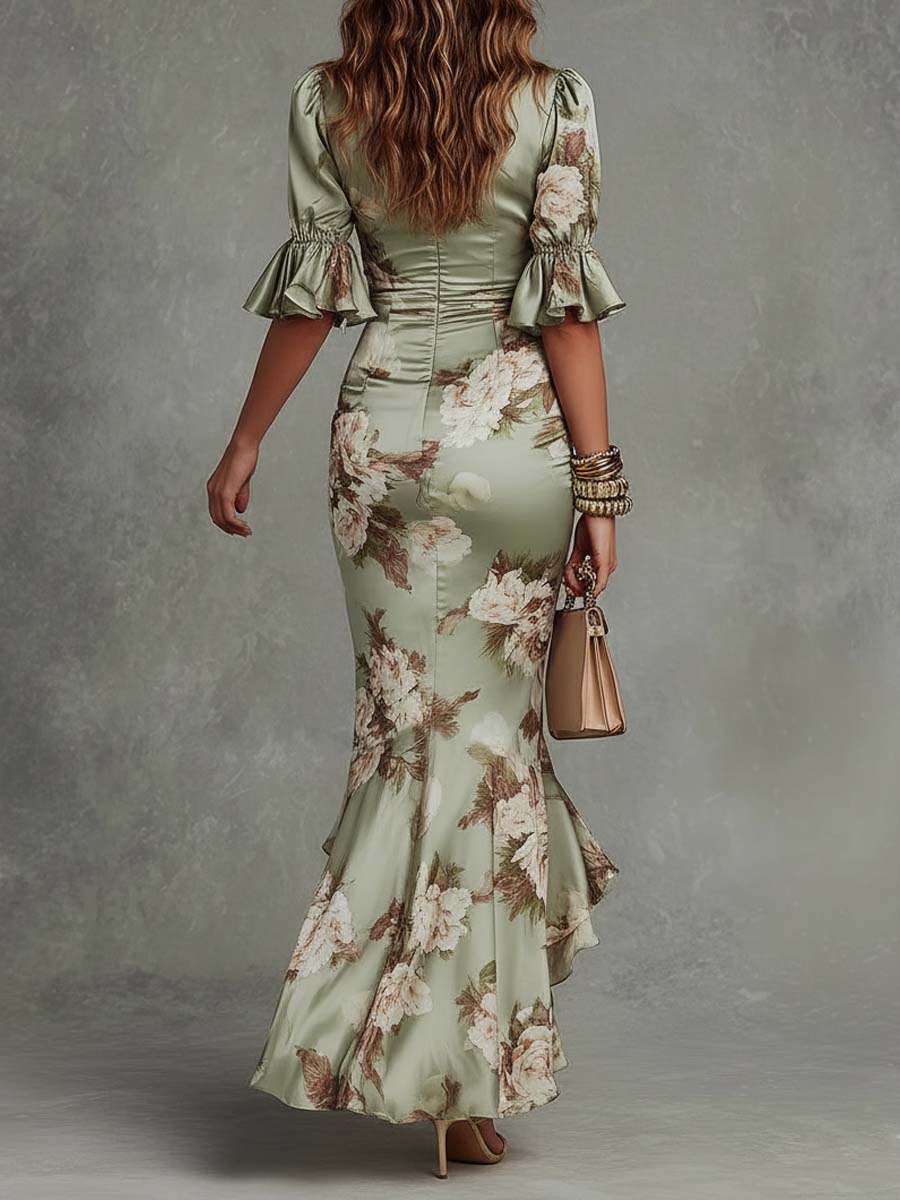 ANNA™ | Asymmetrical Green Maxi Dress with V-Neck, Ruffled Bell Sleeves and Floral Pattern