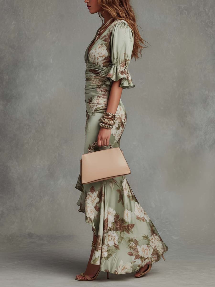 Anna - Green Asymmetrical Satin Dress with V-Neck, Ruched Bell Sleeves, and Floral Print