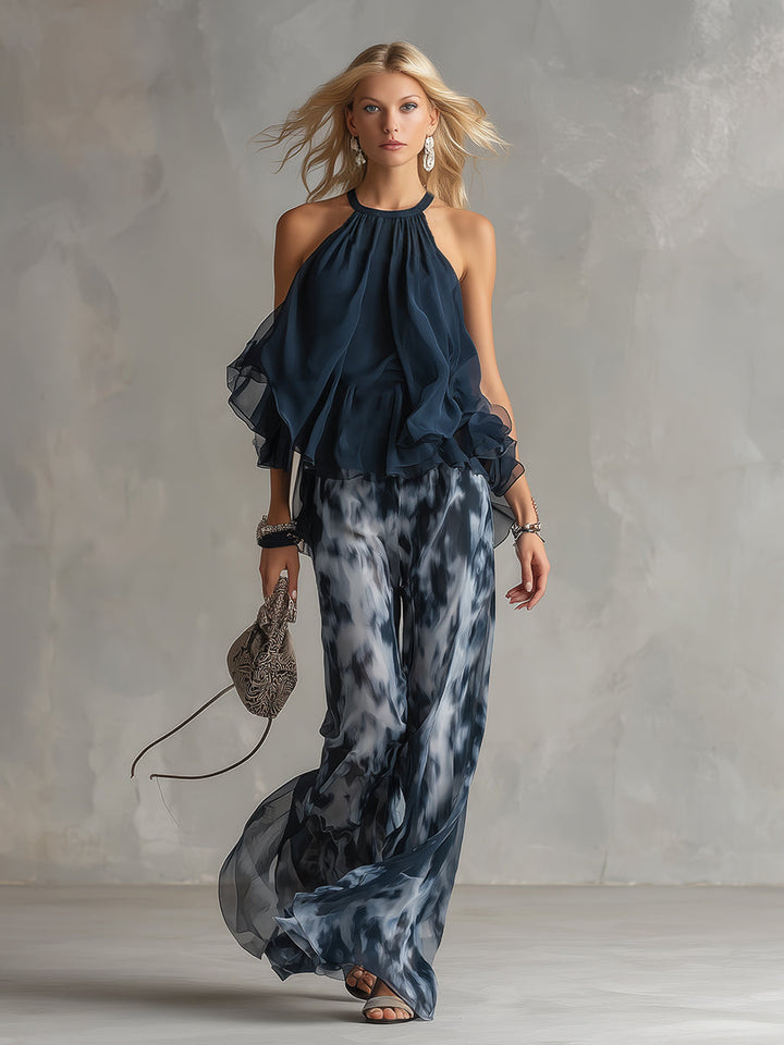 LUDOVICA™ | Elegant Chiffon Set with High-Neck Top and Wide Printed Trousers