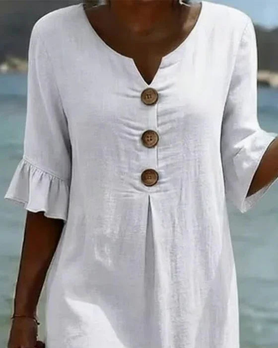 VANESA™ | Linen Textured Dress with Puff Sleeves and Button Detail