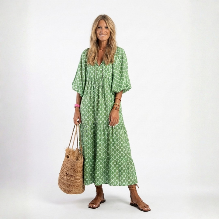 APOLLINE™ | Three Quarter Sleeve V Neck Patterned Midi Dress