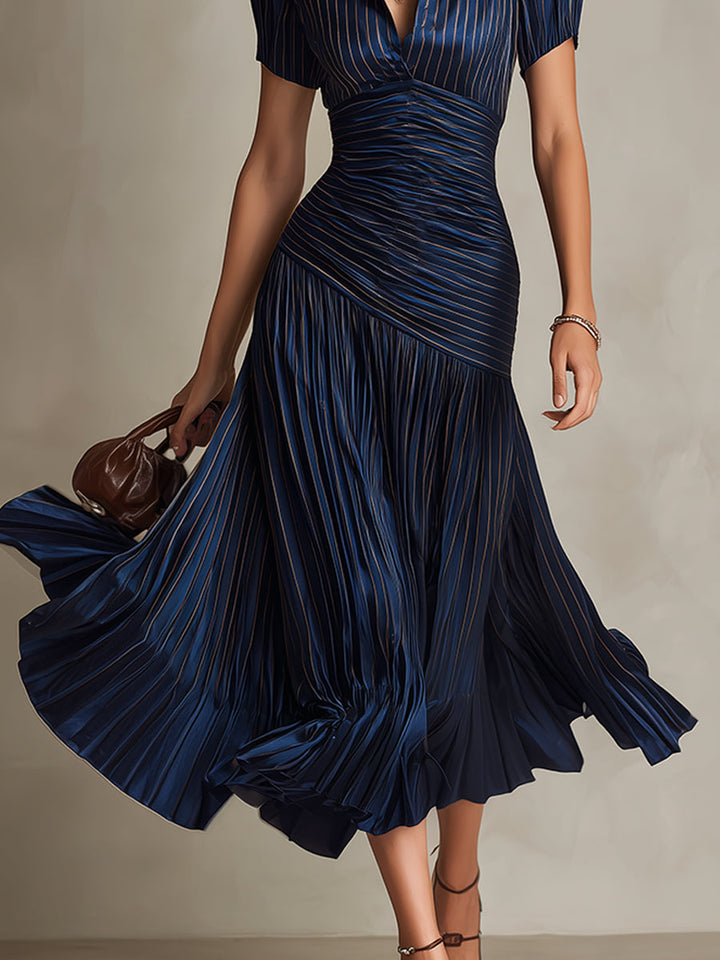 Adriana - Vintage-Inspired Satin Midi Dress with Stripes