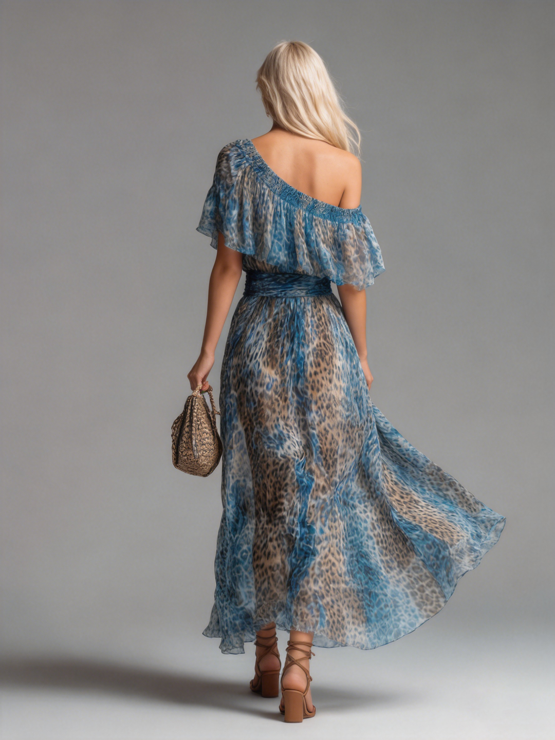 Selvaggia - Off-the-Shoulder Leopard Print Long Chiffon Dress