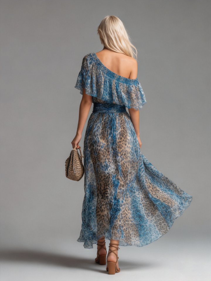 Selvaggia - Off-the-Shoulder Leopard Print Long Chiffon Dress