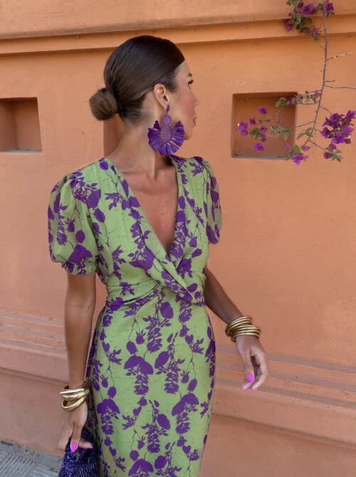 LOREN™ | Vibrant Midi Dress with Puff Sleeves