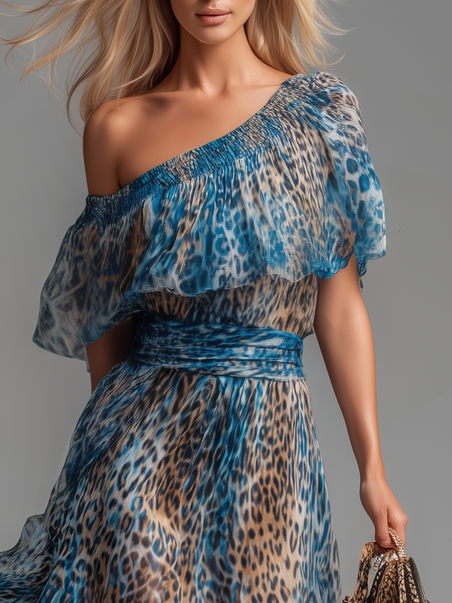 Selvaggia - Off-the-Shoulder Leopard Print Long Chiffon Dress