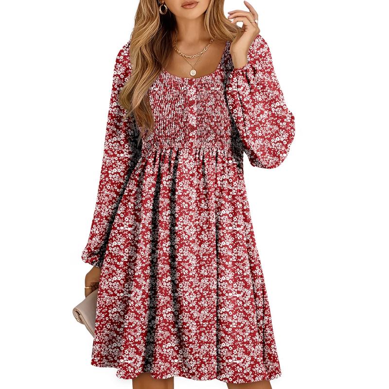 HARPER - Casual Smocked Empire Waist A-Line Dress with Button-Up Detail