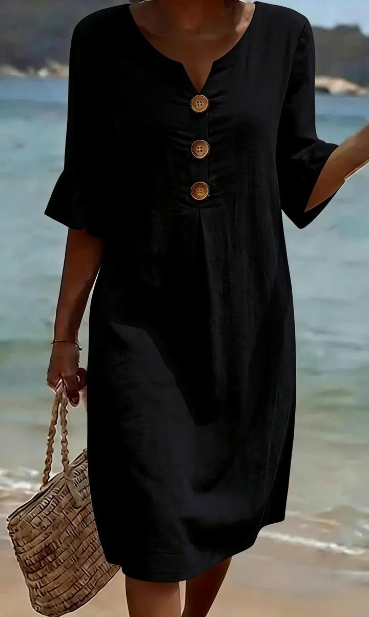 VANESA™ | Linen Textured Dress with Puff Sleeves and Button Detail