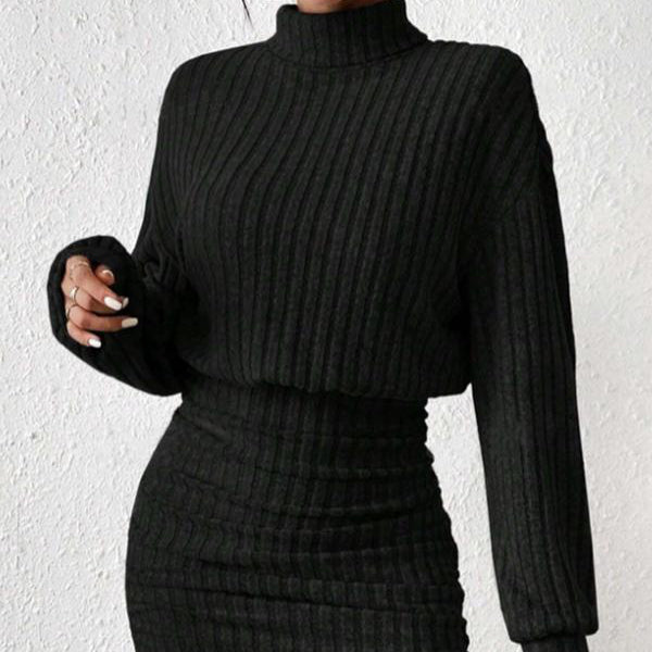 MEGAN™ - Stylish Drop Shoulder Ribbed Dress with Turtleneck