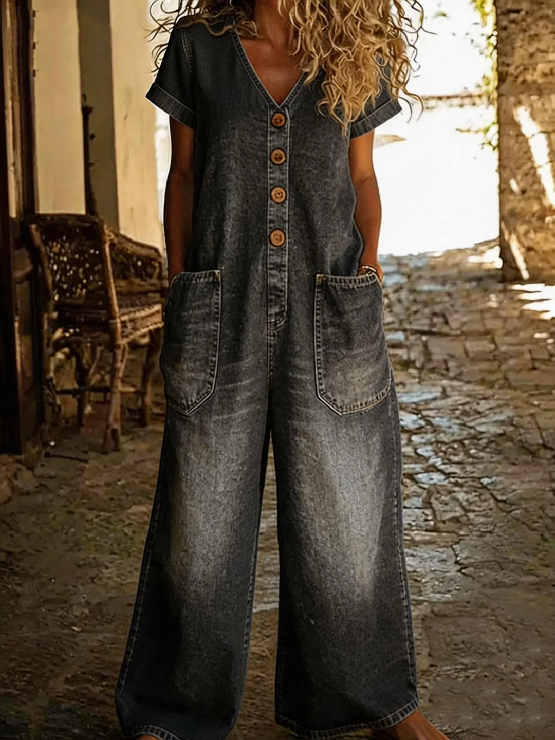 Denise – V-neck Denim Jumpsuit