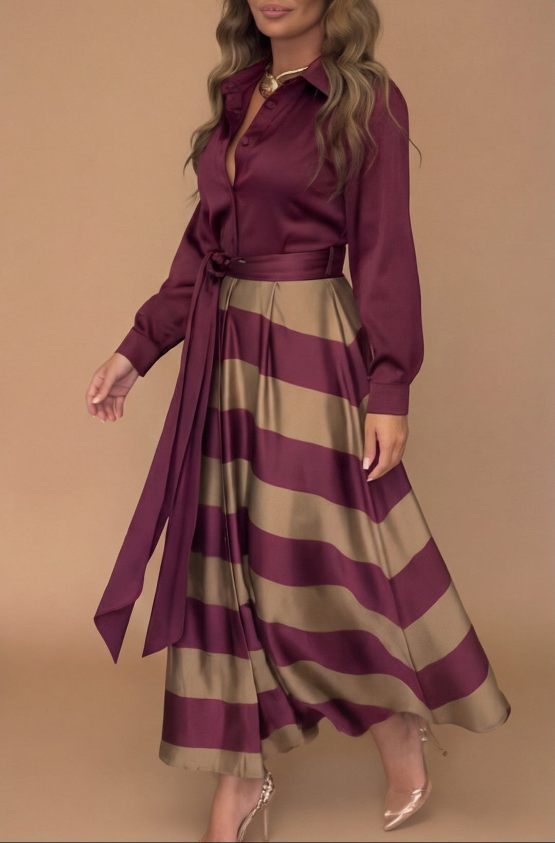 Mila™ - Striped Long Dress with Lace