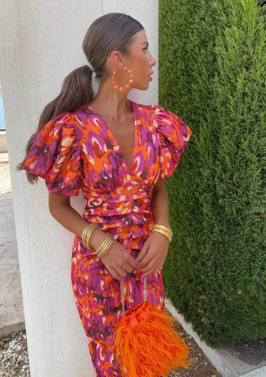 LOREN™ | Vibrant Midi Dress with Puff Sleeves