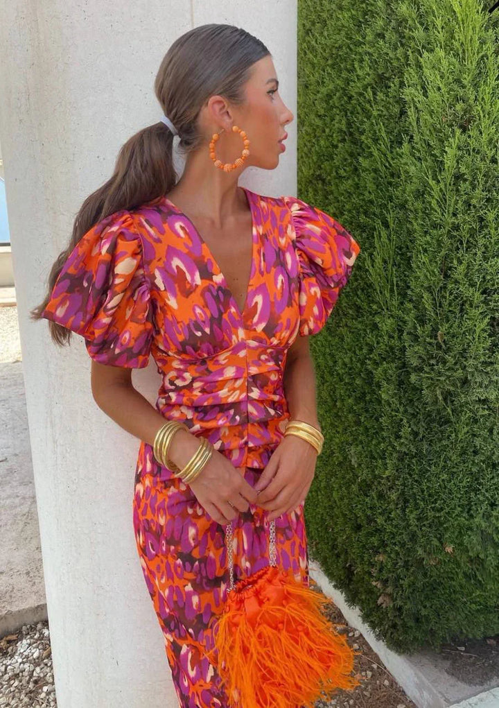 LOREN™ | Vibrant Midi Dress with Puff Sleeves