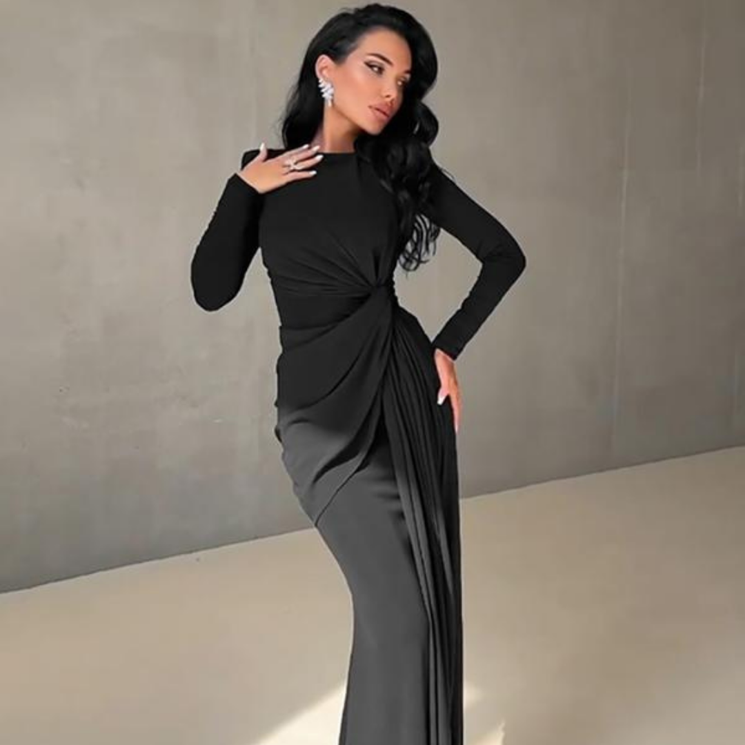 ANNA™ - Elegant Solid Color Ruched Padded Shoulder Bodycon Dress