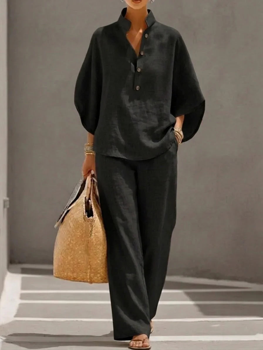 MARIBEL | Linen outfit with batwing sleeves and wide-leg trousers