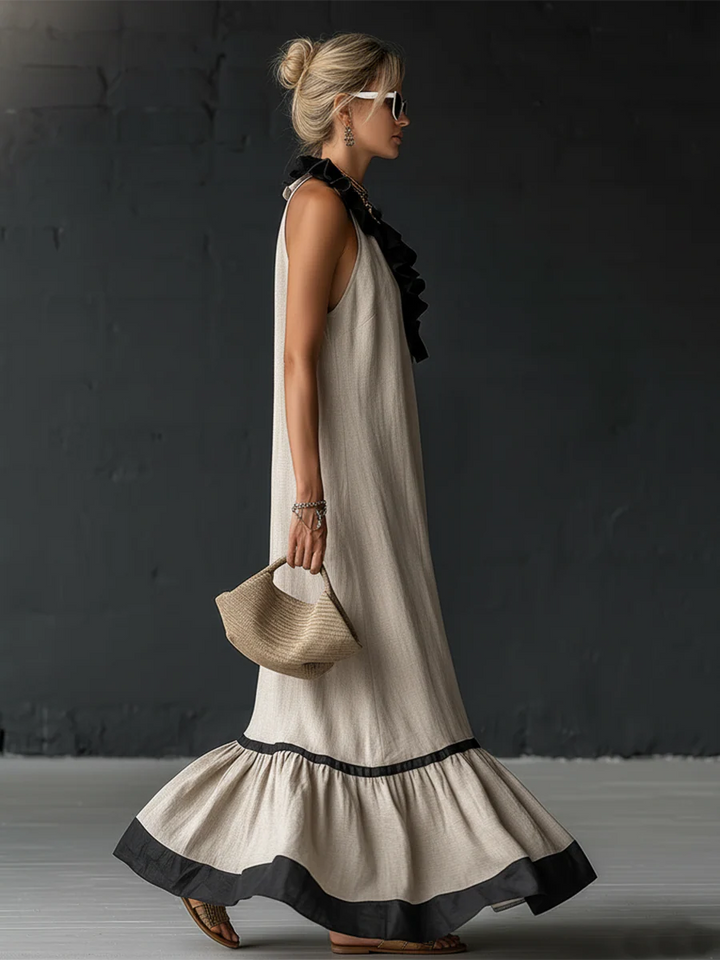 ZELINA™ | Elegant Colour Block Maxi Dress with Romantic Ruffles