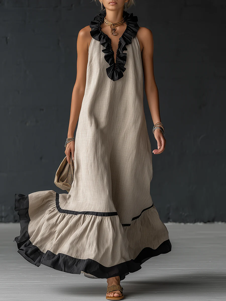ZELINA™ | Elegant Colour Block Maxi Dress with Romantic Ruffles