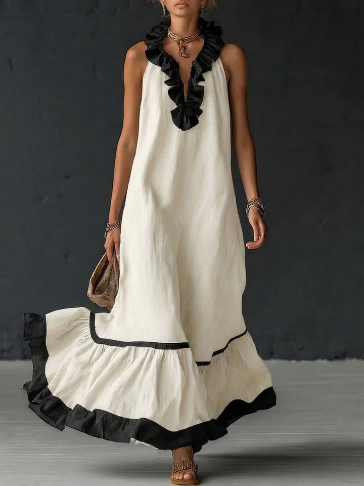 ZELINA™ | Elegant Colour Block Maxi Dress with Romantic Ruffles