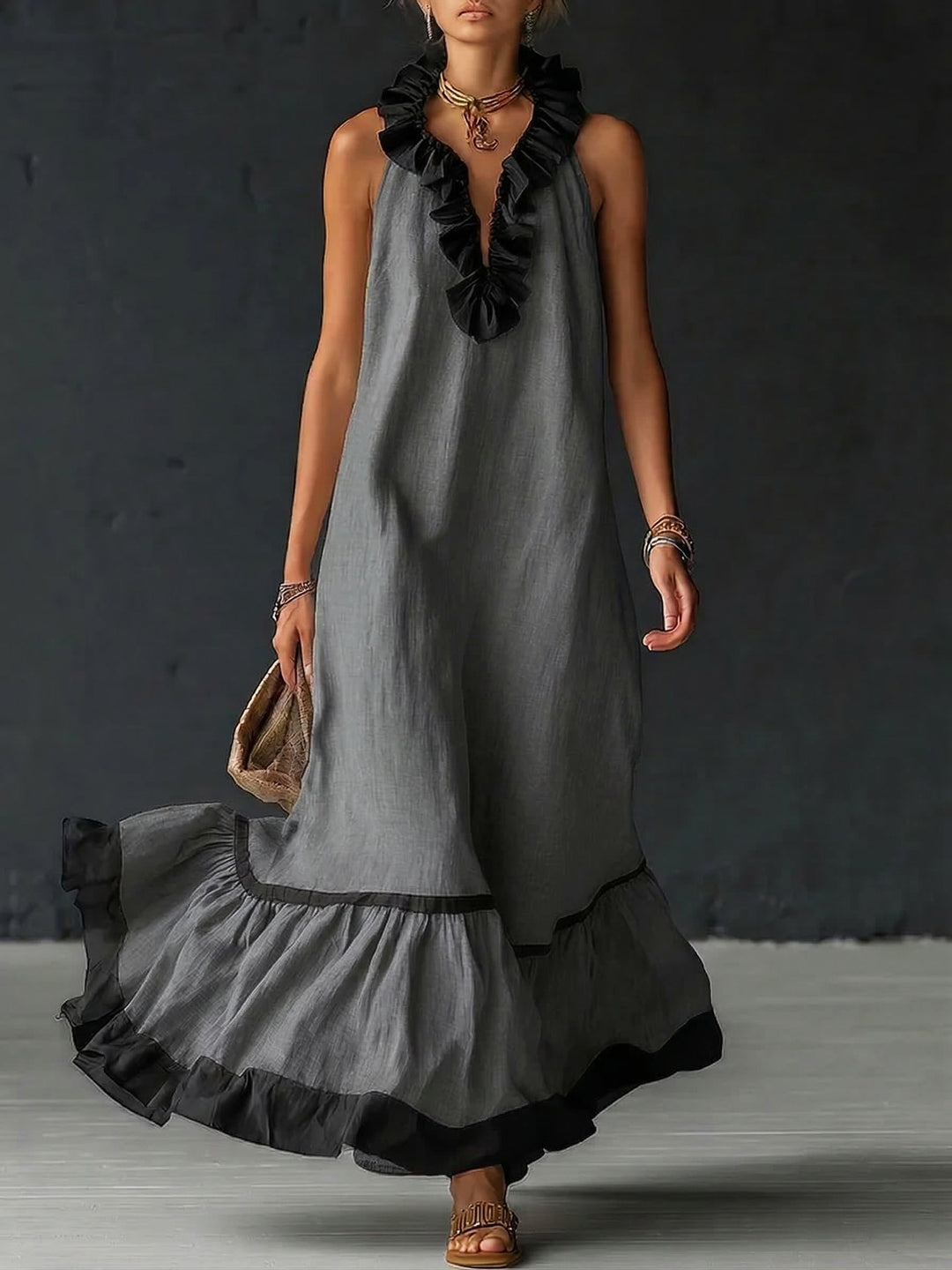 ZELINA™ | Elegant Colour Block Maxi Dress with Romantic Ruffles