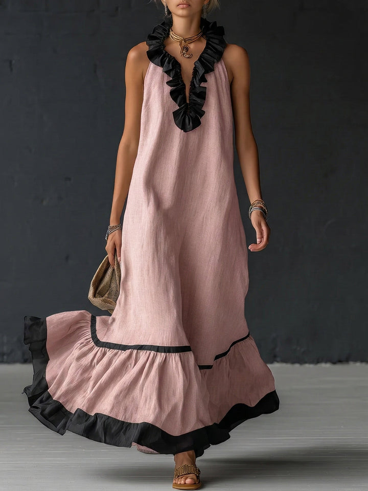 ZELINA™ | Elegant Colour Block Maxi Dress with Romantic Ruffles