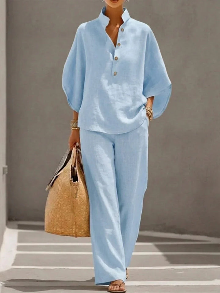 MARIBEL | Linen outfit with batwing sleeves and wide-leg trousers