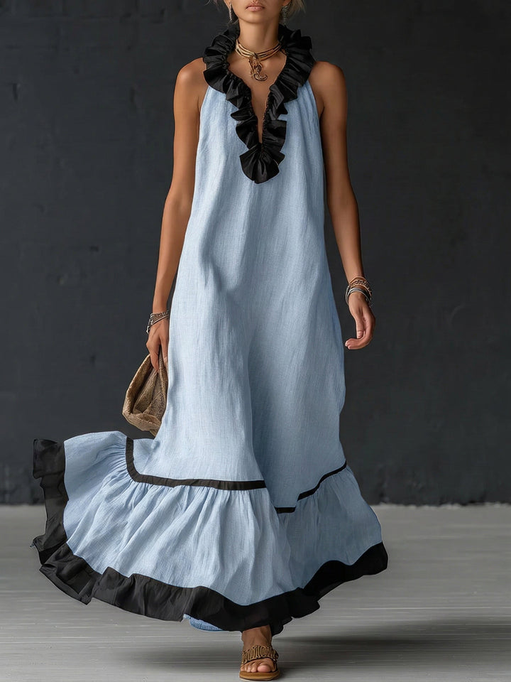 ZELINA™ | Elegant Colour Block Maxi Dress with Romantic Ruffles