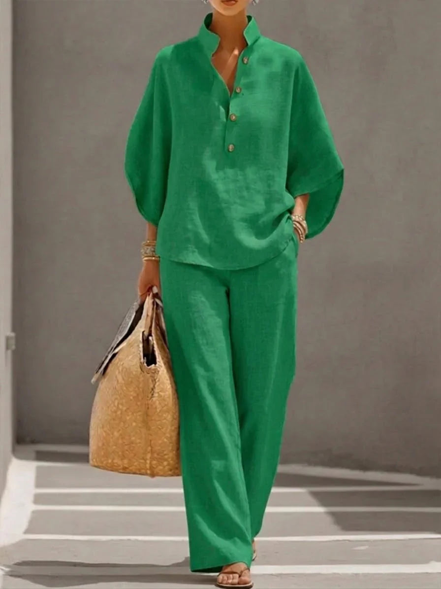 MARIBEL | Linen outfit with batwing sleeves and wide-leg trousers