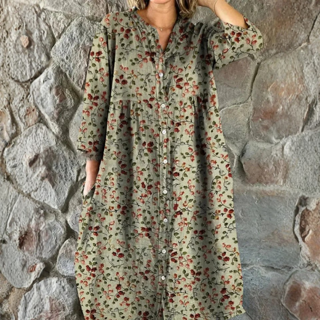 SUSAN™ | Women’s Retro Floral Cotton Shirt Dress with Pockets