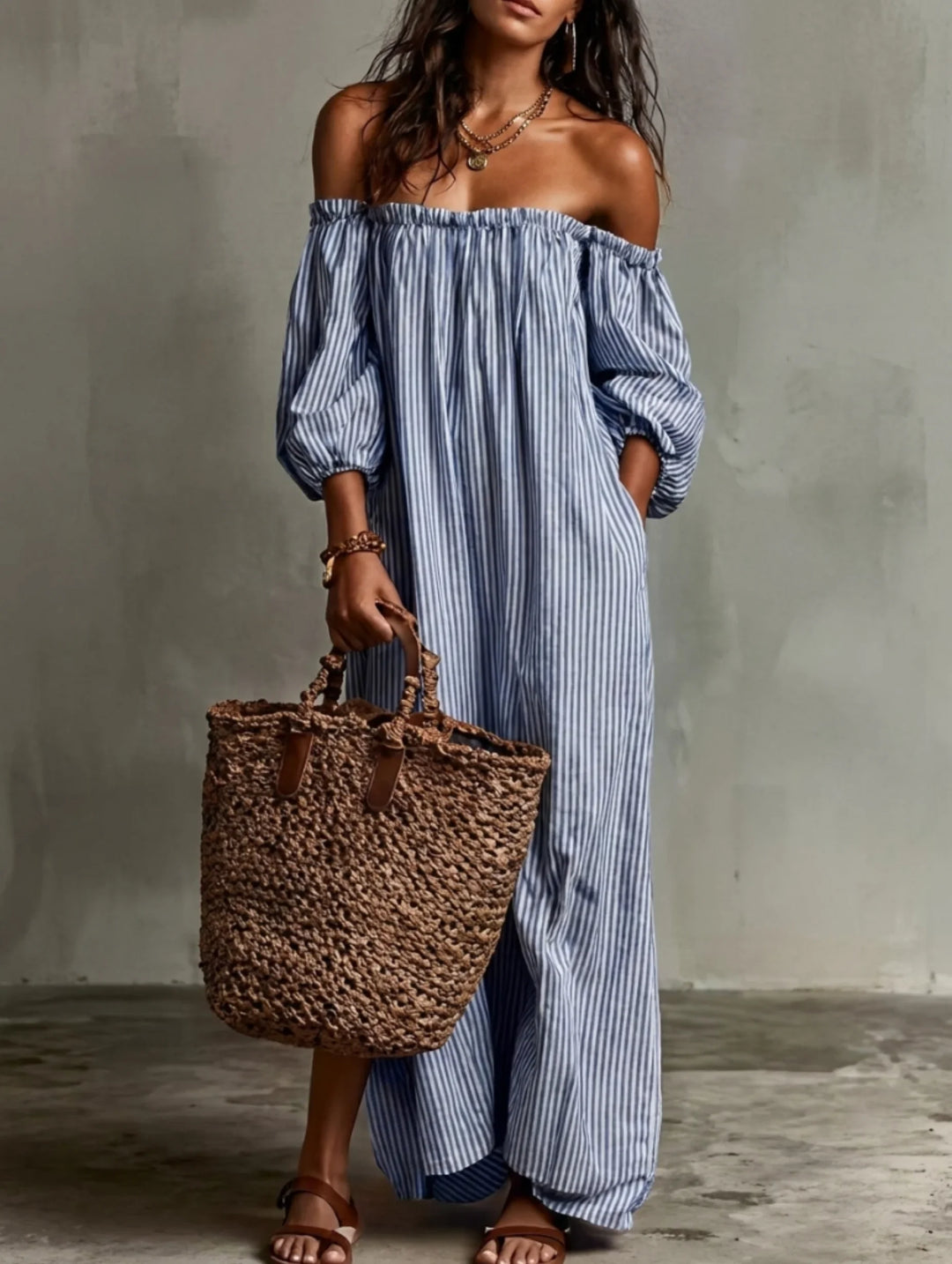 Elena | European Long Flowing Dress with Off-Shoulder Design