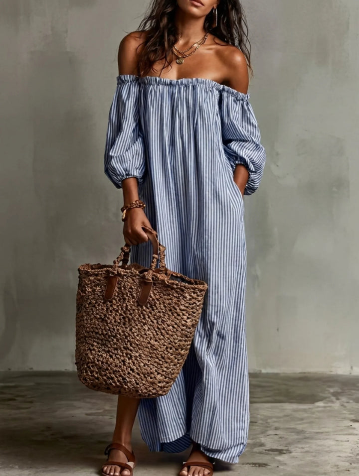 Elena | European Long Flowing Dress with Off-Shoulder Design