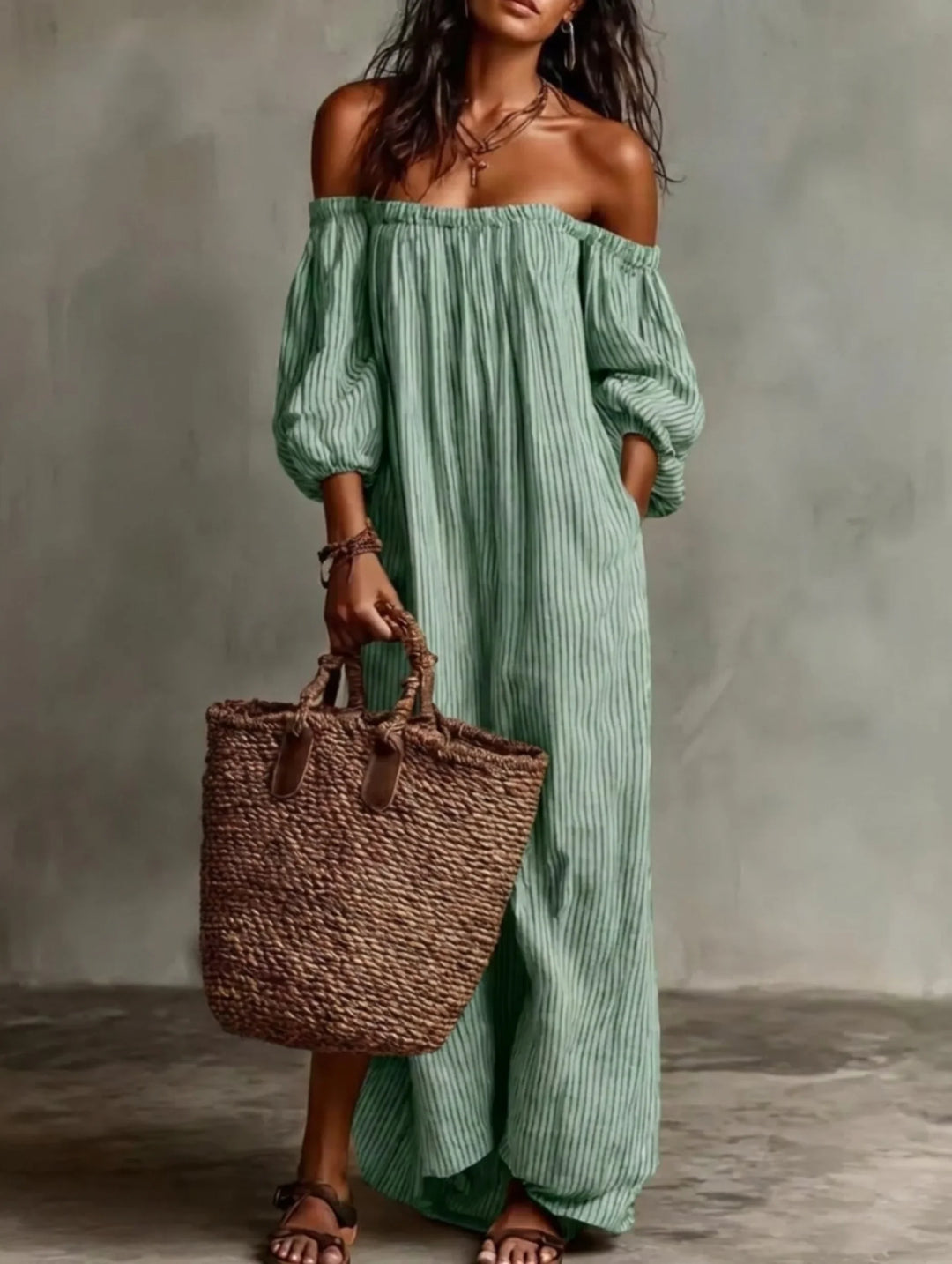 Elena | European Long Flowing Dress with Off-Shoulder Design