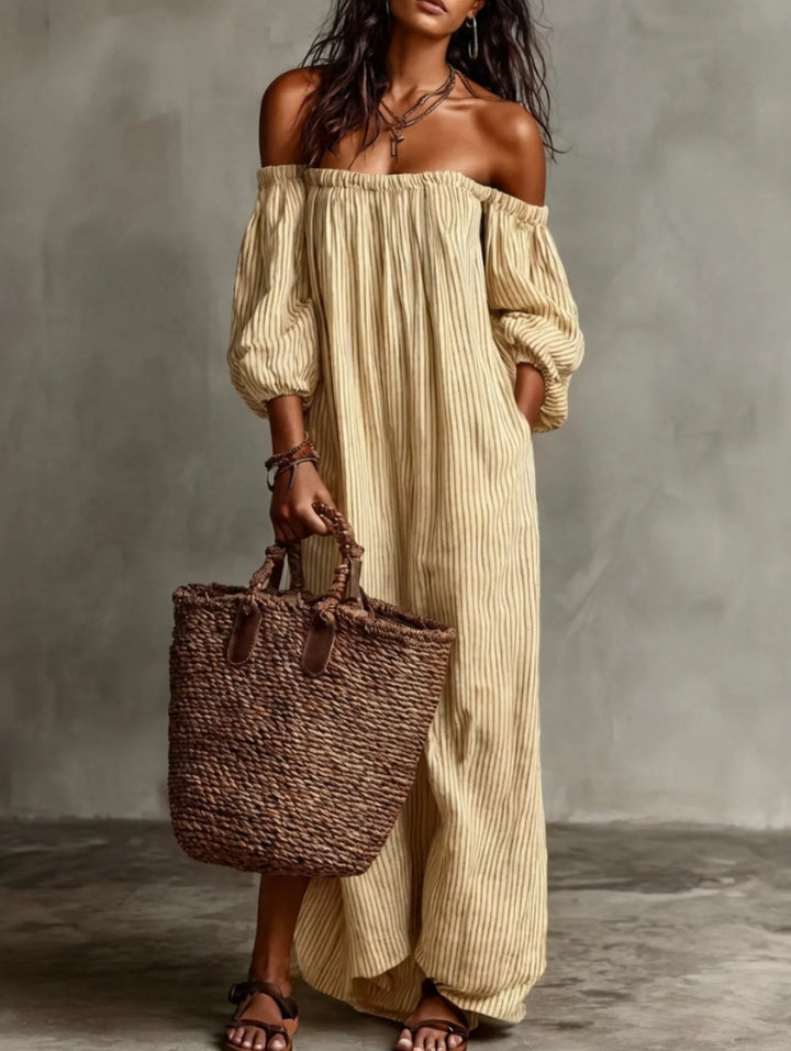 Elena | European Long Flowing Dress with Off-Shoulder Design