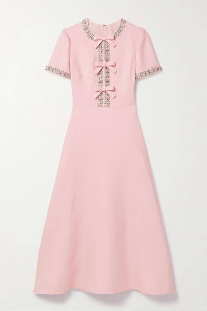 Zoe Midi Dress with Bow and Crystal Embellishments